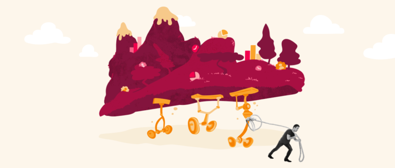 mountain landscape with tricycles; person pulling with a rope; vibrant colors and playful design, illustration of whimsical scenery and dynamics