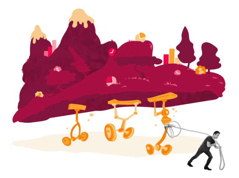 illustrative landscape with colorful hills and a person pulling a cart on wheels, cartoonish mountains with vibrant colors and trees