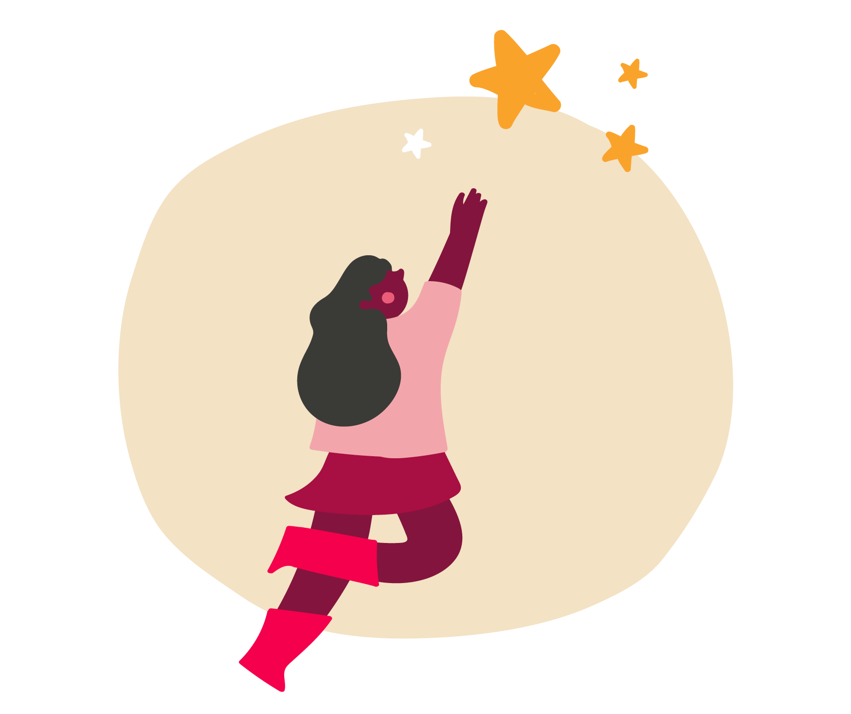 Illustration of a person leaping upward with arms outstretched, reaching for several stars, symbolizing aspiration or achievement.