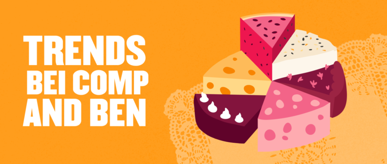 trendy cheese pie slices on orange background with decorative lace, text overlay reading "Trends bei Comp and Ben"