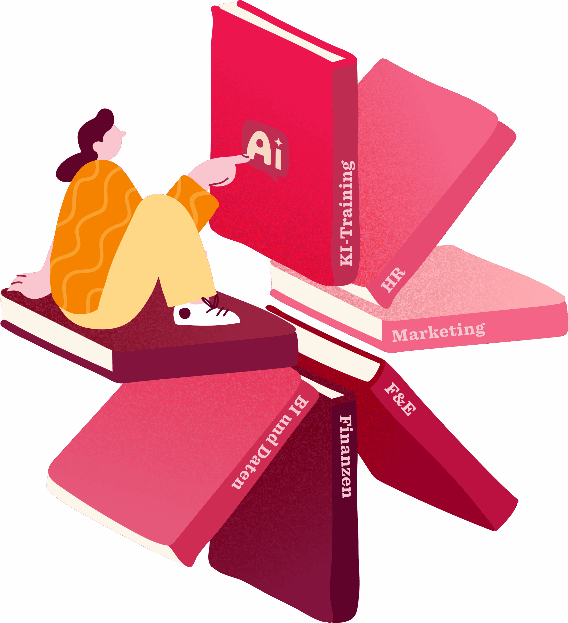 AI training books with colorful covers; a character seated on brown book stacks, pointing at the AI cover. Red background. , AI-Training, Marketing-HR-Finanzen