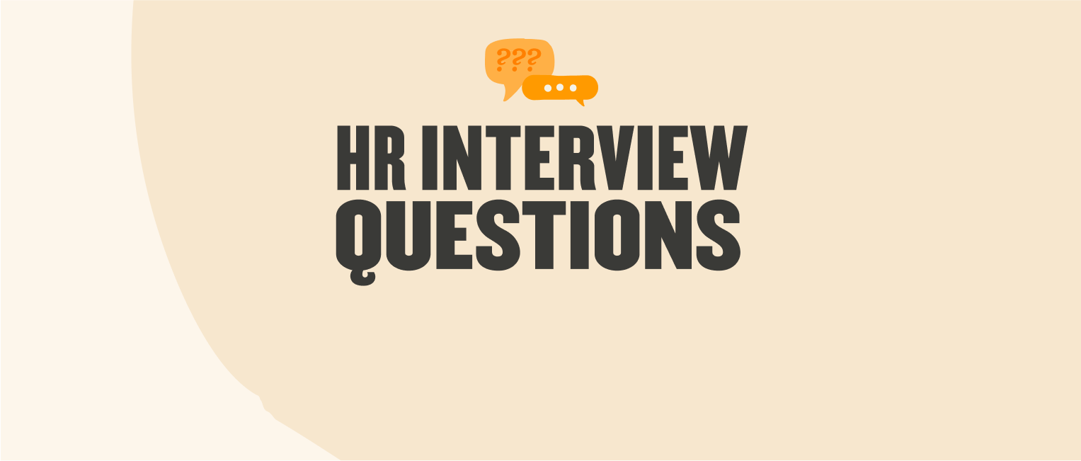 HR interview questions graphic with bold text and chat bubble icons, set against a soft beige background. , HRinterview, interviewquestions