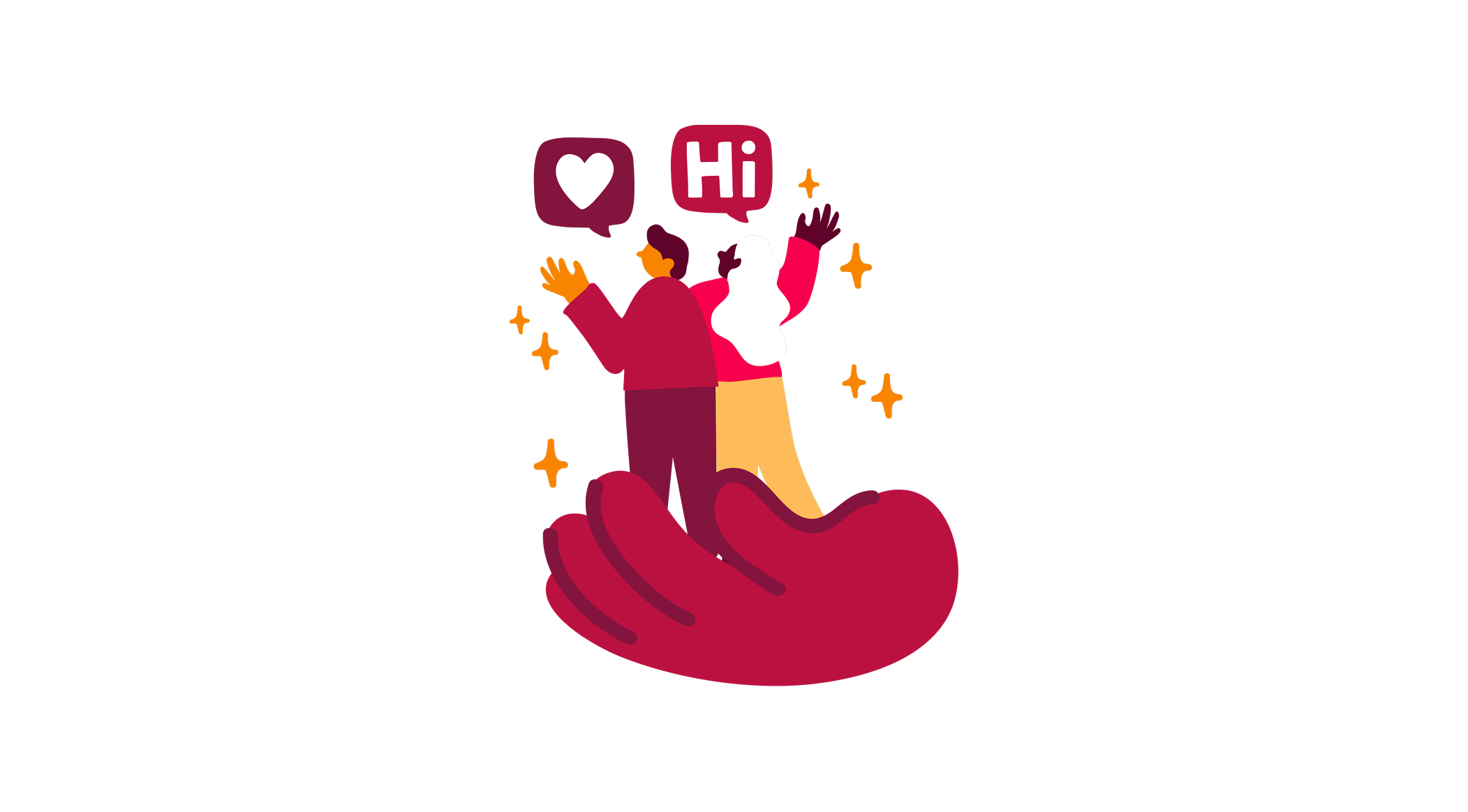 couple waving with speech bubbles saying 'Hi' and a heart, surrounded by sparkles in a warm, inviting design, illustration of connection and greeting