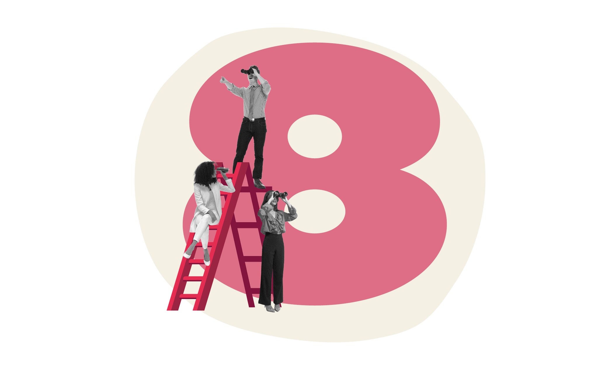 people using binoculars, red ladder with large number eight background
