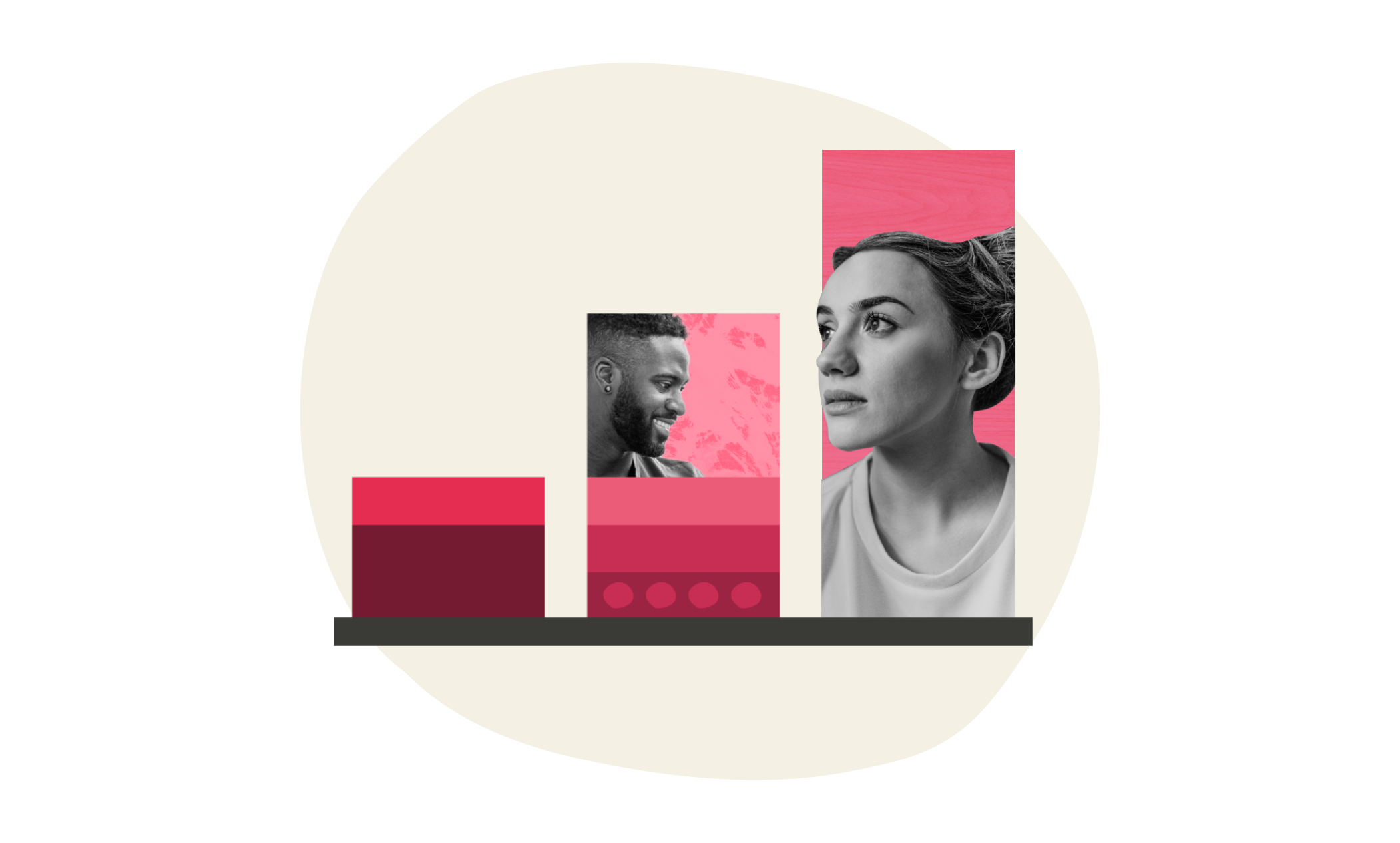 graphical representation of data featuring two portraits and colorful bars; highlights analysis and insights, data visualization with diverse figures and abstract design
