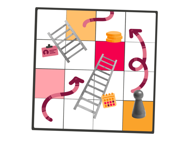 game board with colorful tiles featuring ladders, currency tokens, a calendar, and a game piece representing progress, board game elements for fun strategy and decision-making activities