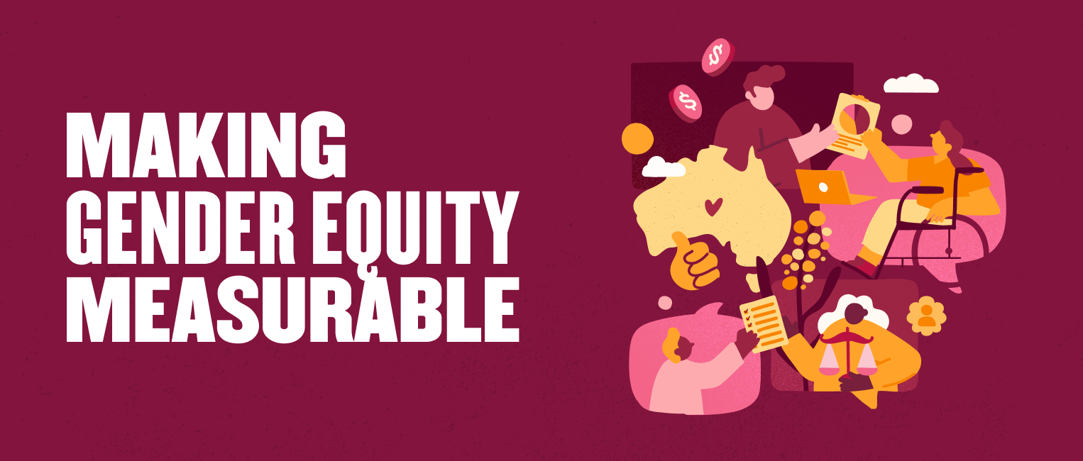 making gender equity measurable, diverse individuals collaborating on gender equality with symbols of justice and finance