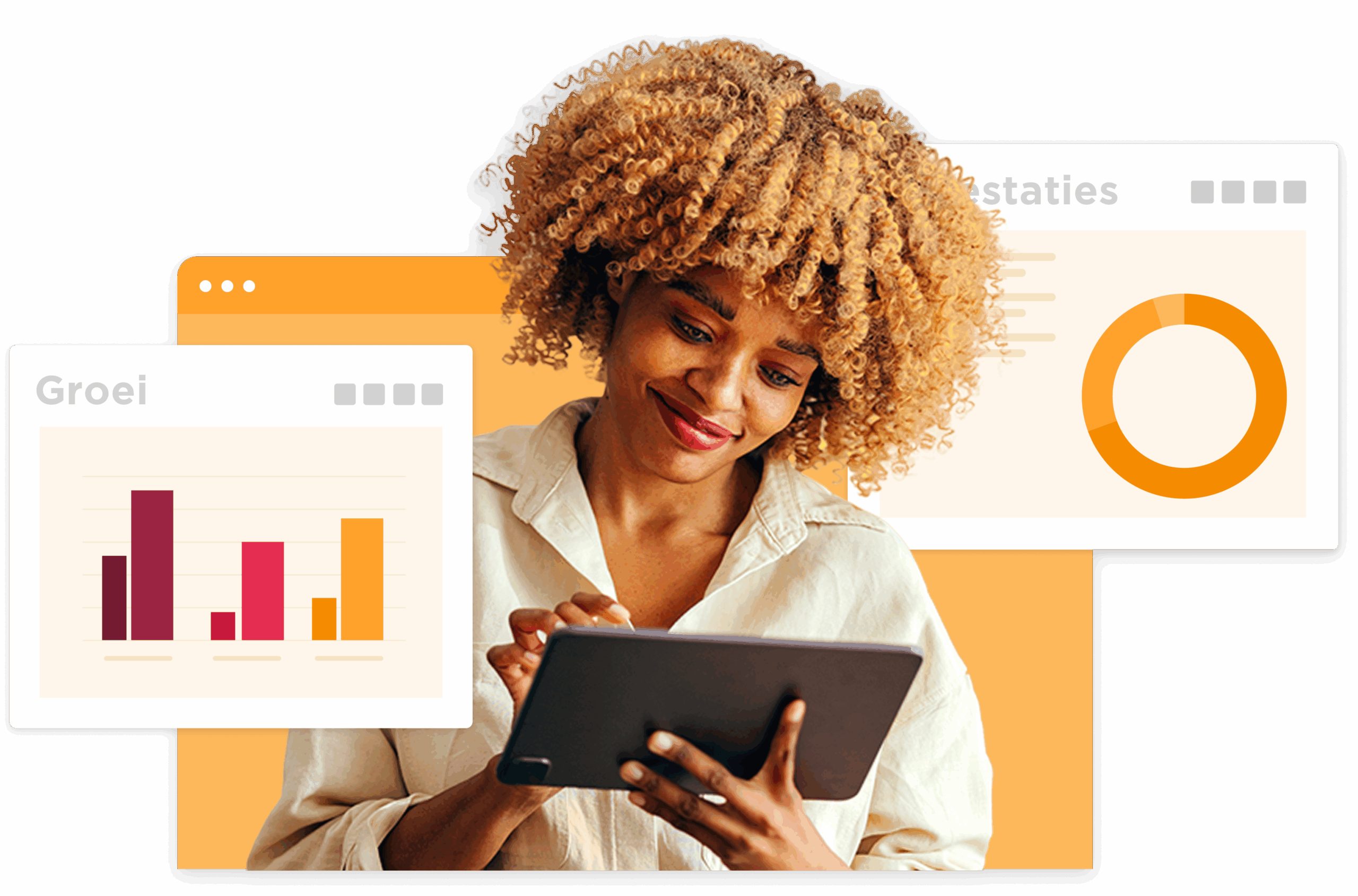 woman using tablet with growth charts and statistics background, professional analysis and data visualization context