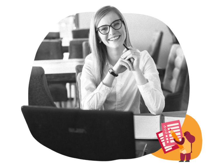 professional-woman-smiling-in-office, laptop-notebook-creative-work