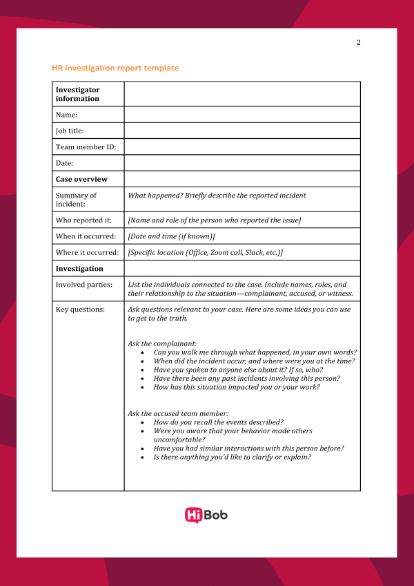 A screenshot of HiBob's HR investigation report template