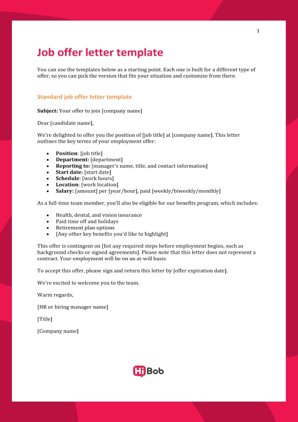 A screenshot of HiBob's free job offer letter template