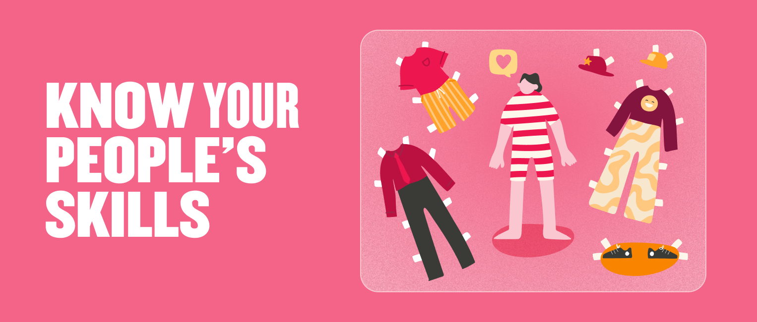 paper doll with various outfits highlighting skills on pink background, colorful clothing options and playful design elements