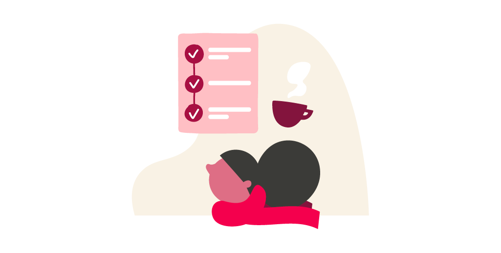 cozy scene with person resting, checklist, and steaming coffee cup on a light background, illustration of relaxation and organization
