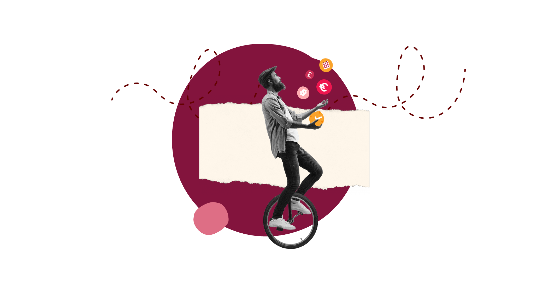 man juggling shapes while riding unicycle on abstract background, creative multitasking in modern design composition
