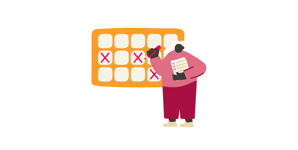 illustration of a person marking tasks on a checklist board, colorful task board with red crosses indicating completed items