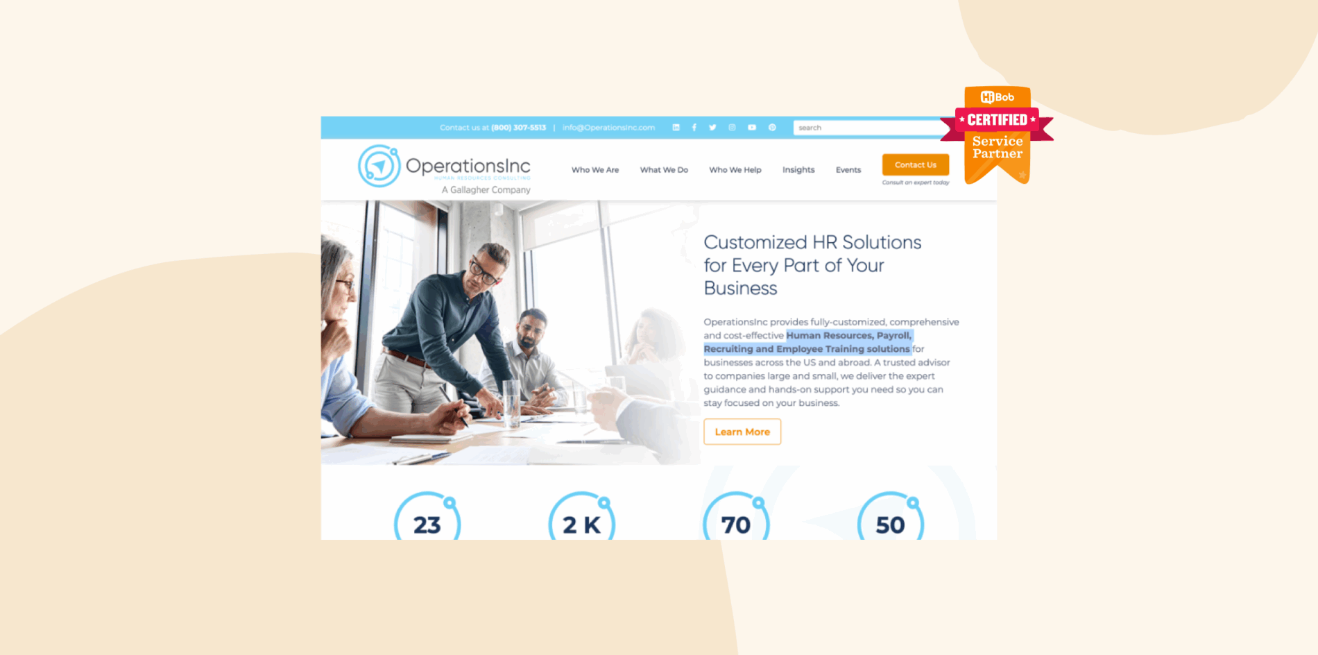 OperationsInc website showcasing HR solutions with a professional team in a modern office. Certified service partner badge. OperationsInc, HRsolutions