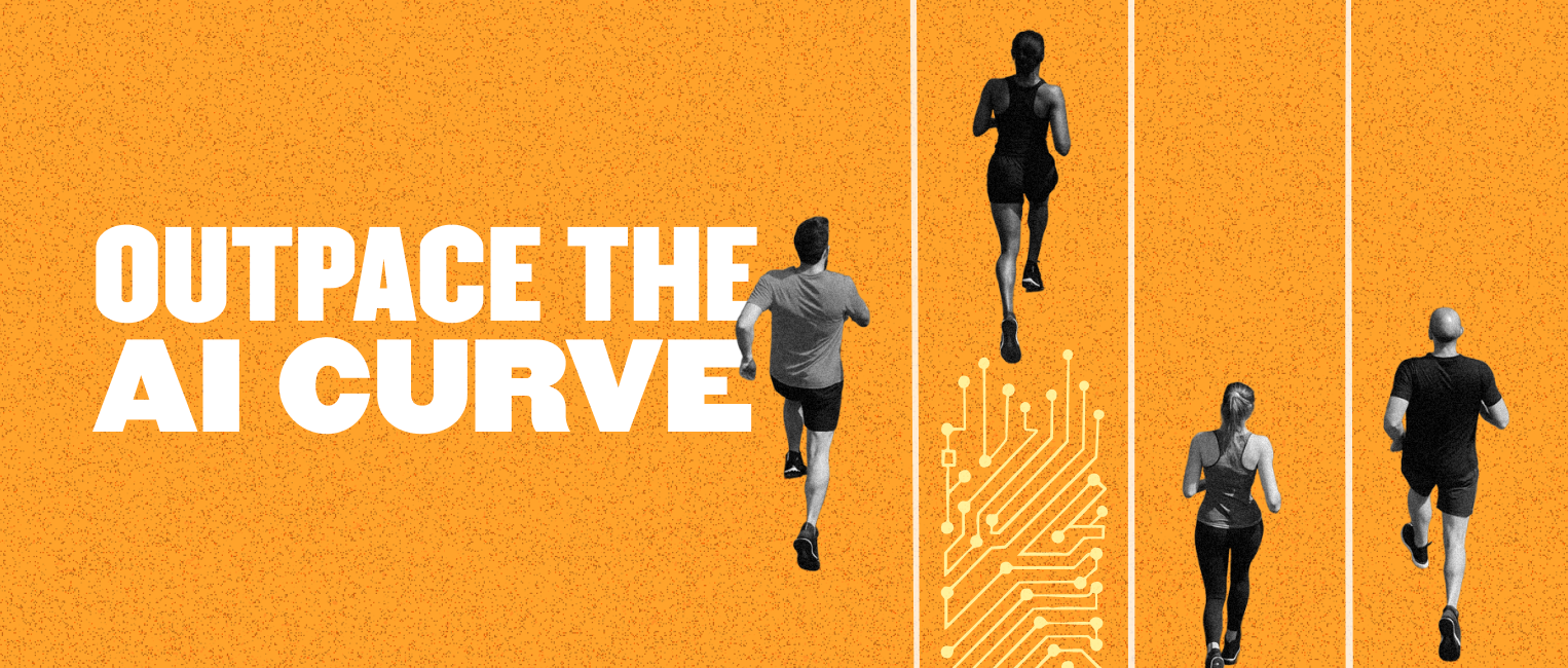 outpace-the-ai-curve, four-runners-on-orange-background-with-technology-pattern