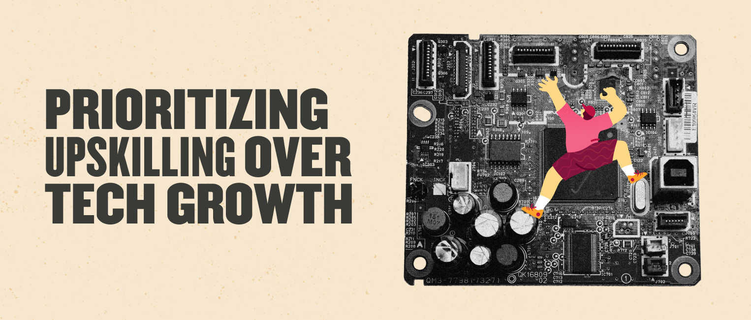 prioritizing upskilling over technology growth with a vibrant illustration of a person on a circuit board, illustration of upskilling concept