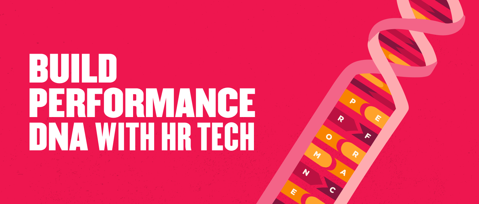 build performance dna with hr tech, colorful spiral design representing DNA and performance elements on a vibrant background