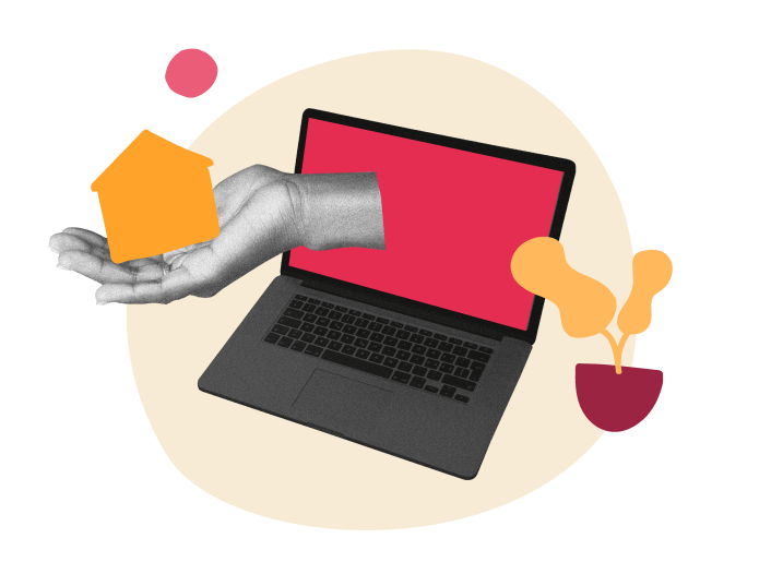 hand holding house model, laptop with colorful background and potted plants representing digital real estate concept
