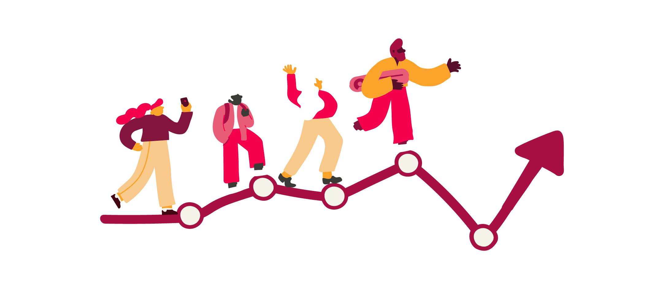 people walking on a graph line, illustration of diverse individuals celebrating progress and growth through a positive trend