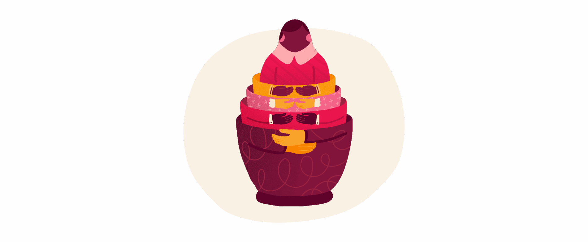 scoops of colorful ice cream stacked in a bowl surrounded by playful hands holding it, illustrative dessert art representing joy