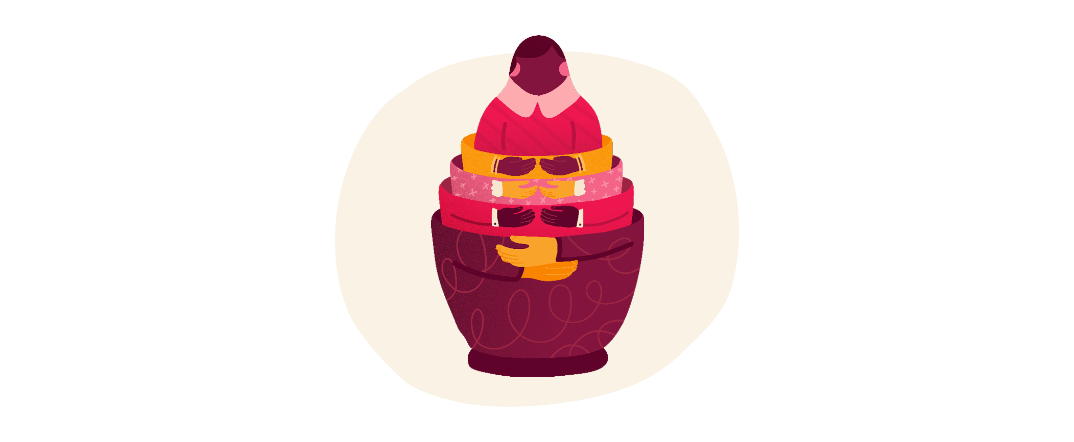 scoops of colorful ice cream stacked in a bowl surrounded by playful hands holding it, illustrative dessert art representing joy