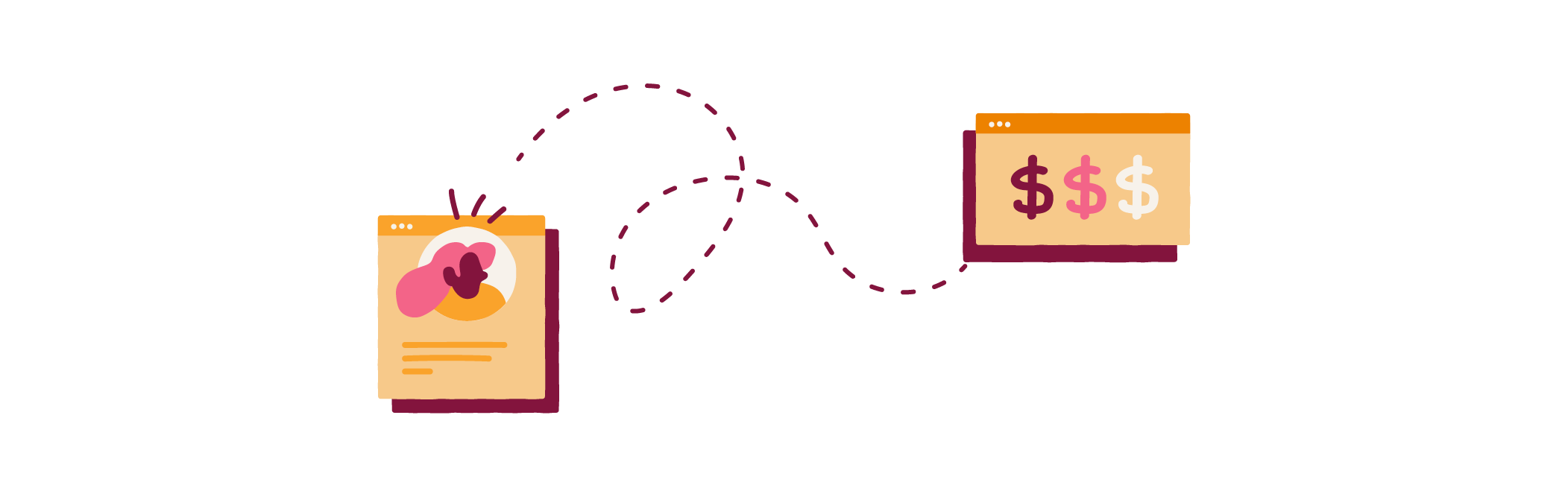 digital connection between two colorful screens displaying interface elements and currency symbols, illustration of financial interaction online