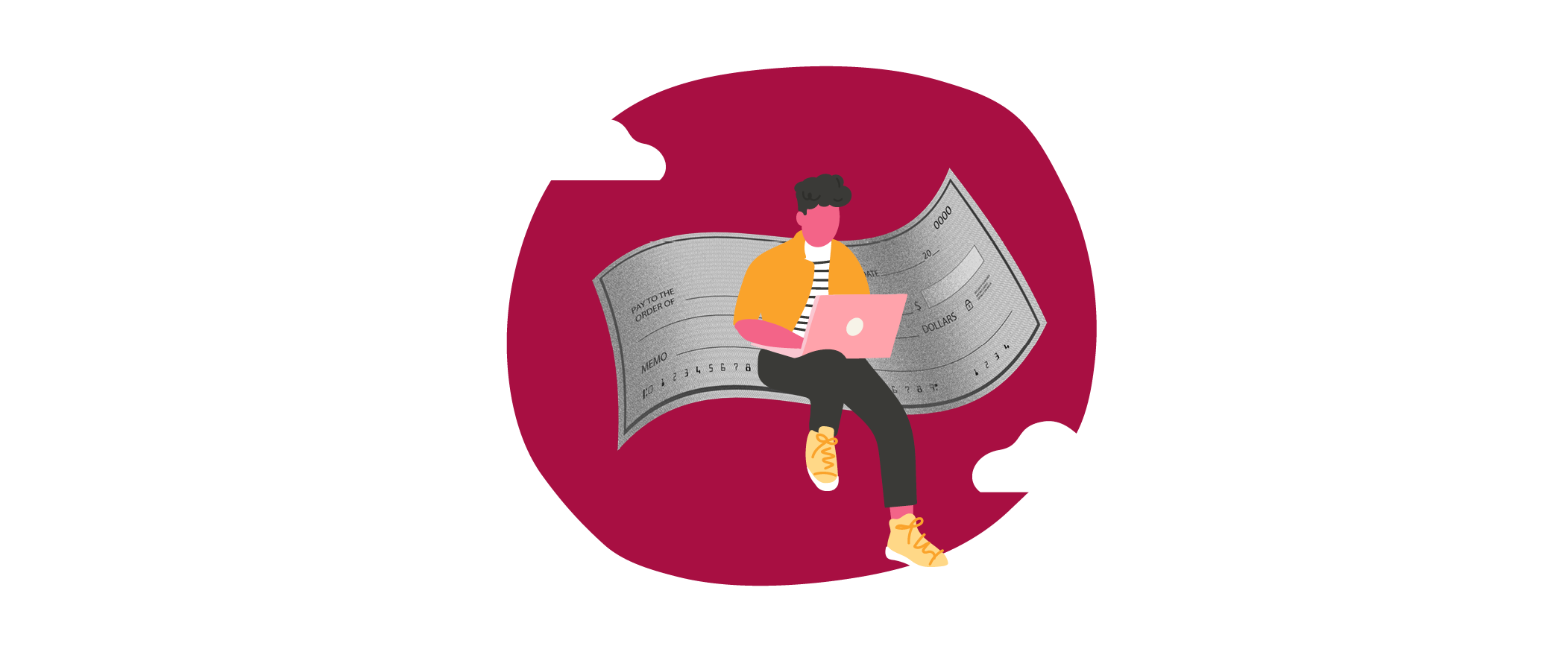 person working on a laptop surrounded by a check and clouds, illustration of financial concepts and remote work