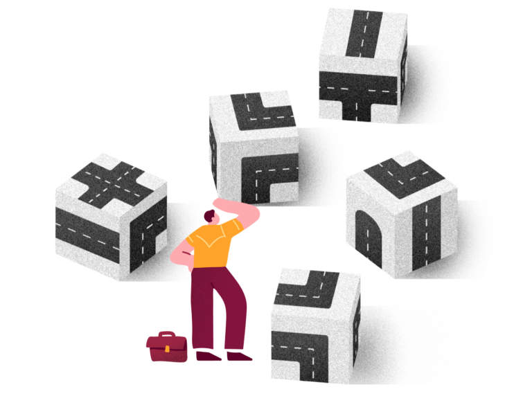 person contemplating roadblock designs on cubes, creative problem-solving in urban planning and design context