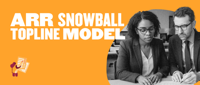ARR Snowball Topline Model with two professionals analyzing documents on a bright orange background. Collaboration and planning. , ARRSnowball, BusinessCollaboration