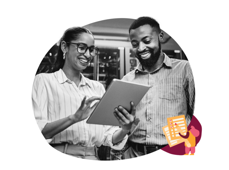 business professionals engaging on tablet, happy collaboration in modern office setting