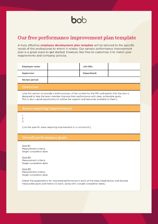 A screenshot of HiBob's free performance improvement plan (PIP) template