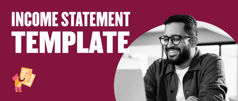 income statement template, smiling man working on laptop with colorful graphic elements