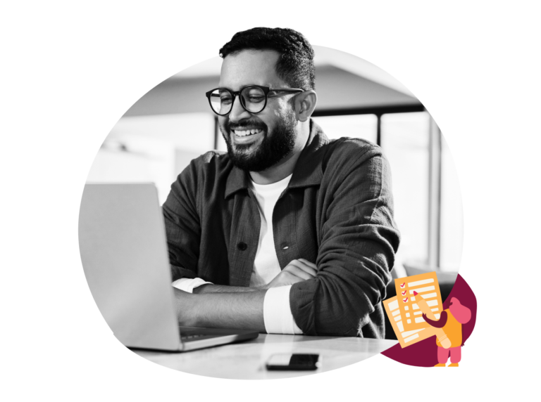 happy man working on laptop, smiling professional with checklist illustration in modern workspace