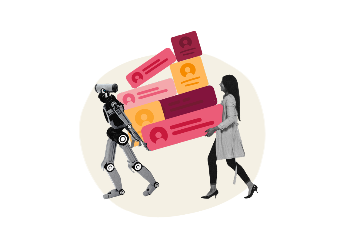 robot carrying colorful content blocks, woman walking alongside the robot in a modern workspace setting