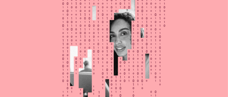woman smiling behind digital binary code, pink background with abstract patterns and blurred figures in the background