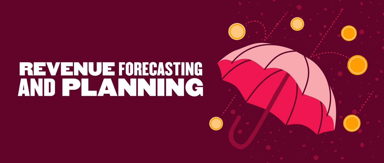 revenue forecasting planning umbrella graphic with coins on a dark maroon background, colorful umbrella signifies protection in finance