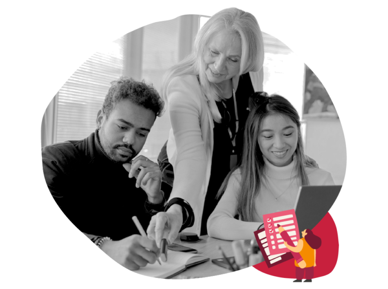 collaborative teamwork, diverse group brainstorming with laptop and notes in modern workspace