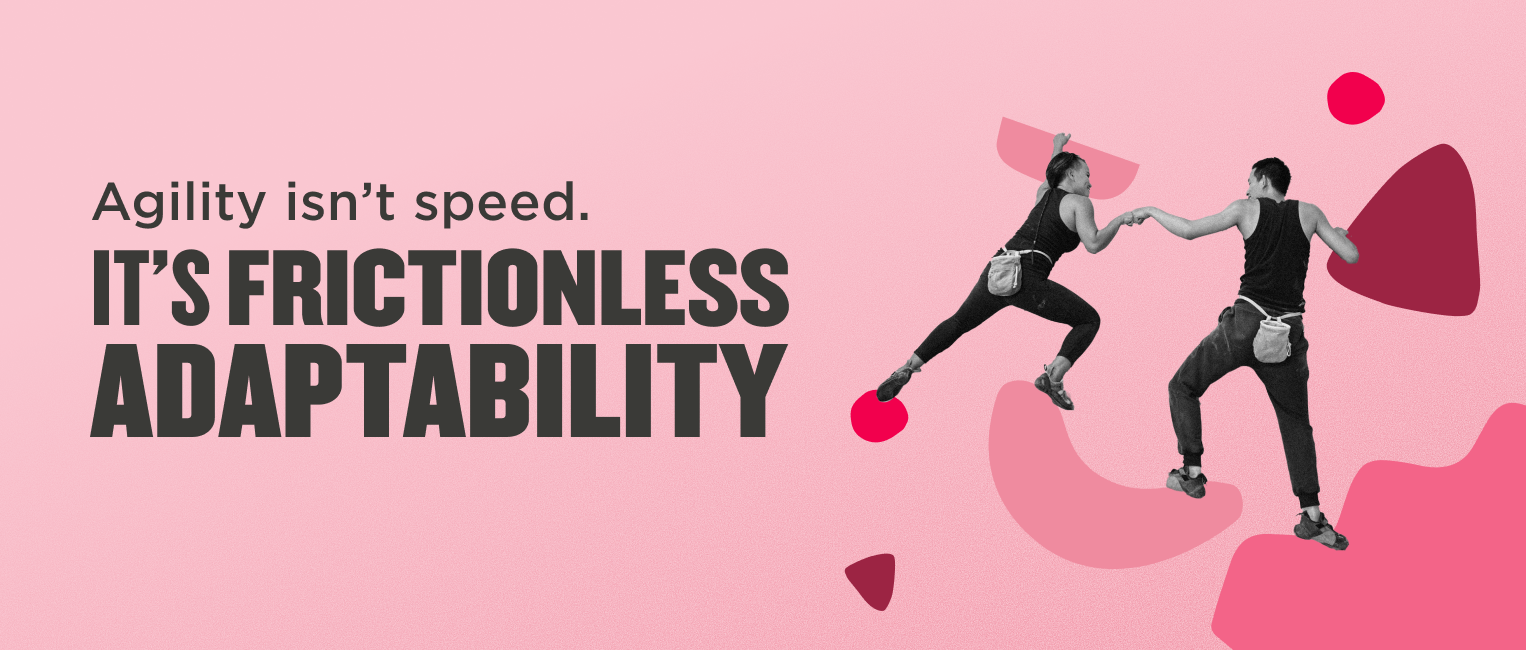 Agility poster depicting two climbers reaching for each other, emphasizing adaptability with bold text and vibrant colors. agility, adaptability