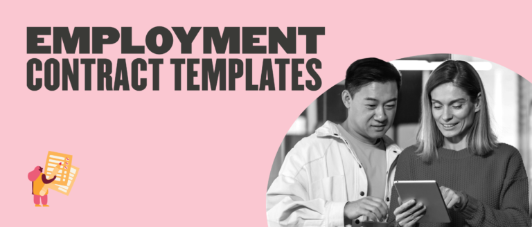 Employment contract templates at a digital workspace with two professionals discussing details on a tablet., EmploymentContracts, BusinessCollaboration