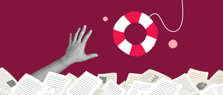 hand reaching for a lifebuoy above scattered papers on a maroon background, struggling with paperwork and seeking help symbolically