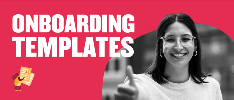 onboarding templates, woman smiling with thumbs up against a bold pink background, checklist illustration on the left