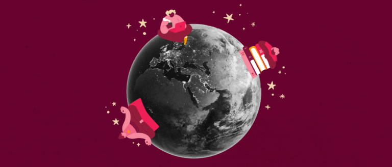 earth with illustrations of festive characters, cosmic holiday theme with stars and gifts