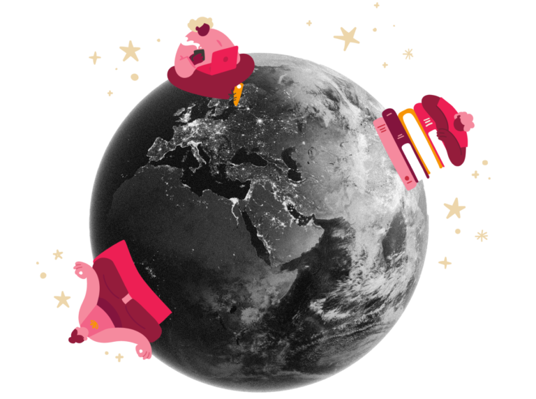 earth-illustration, characters-reading-books-illustration