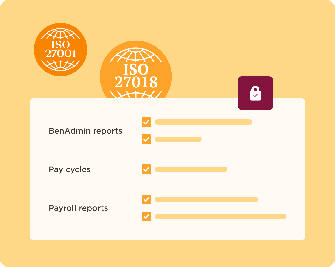 ISO certification icons and secure checklist for BenAdmin, payroll, and pay cycles reports on a light background. ISO27001, ISO27018