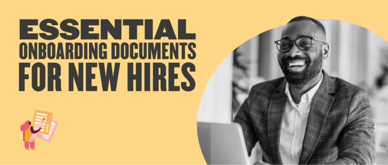 essential onboarding documents for new hires, smiling professional in suit with laptop on a yellow background
