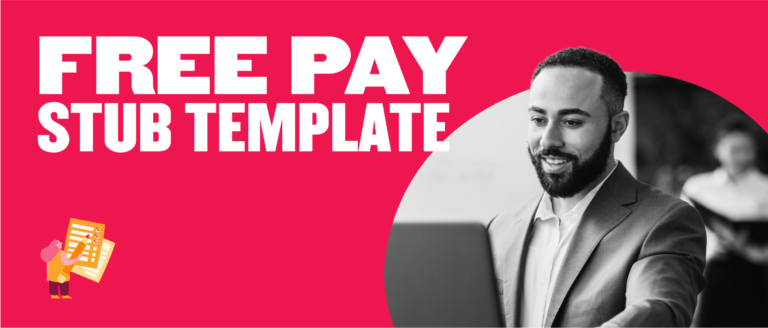 free pay stub template, smiling man in suit using laptop on bright pink background