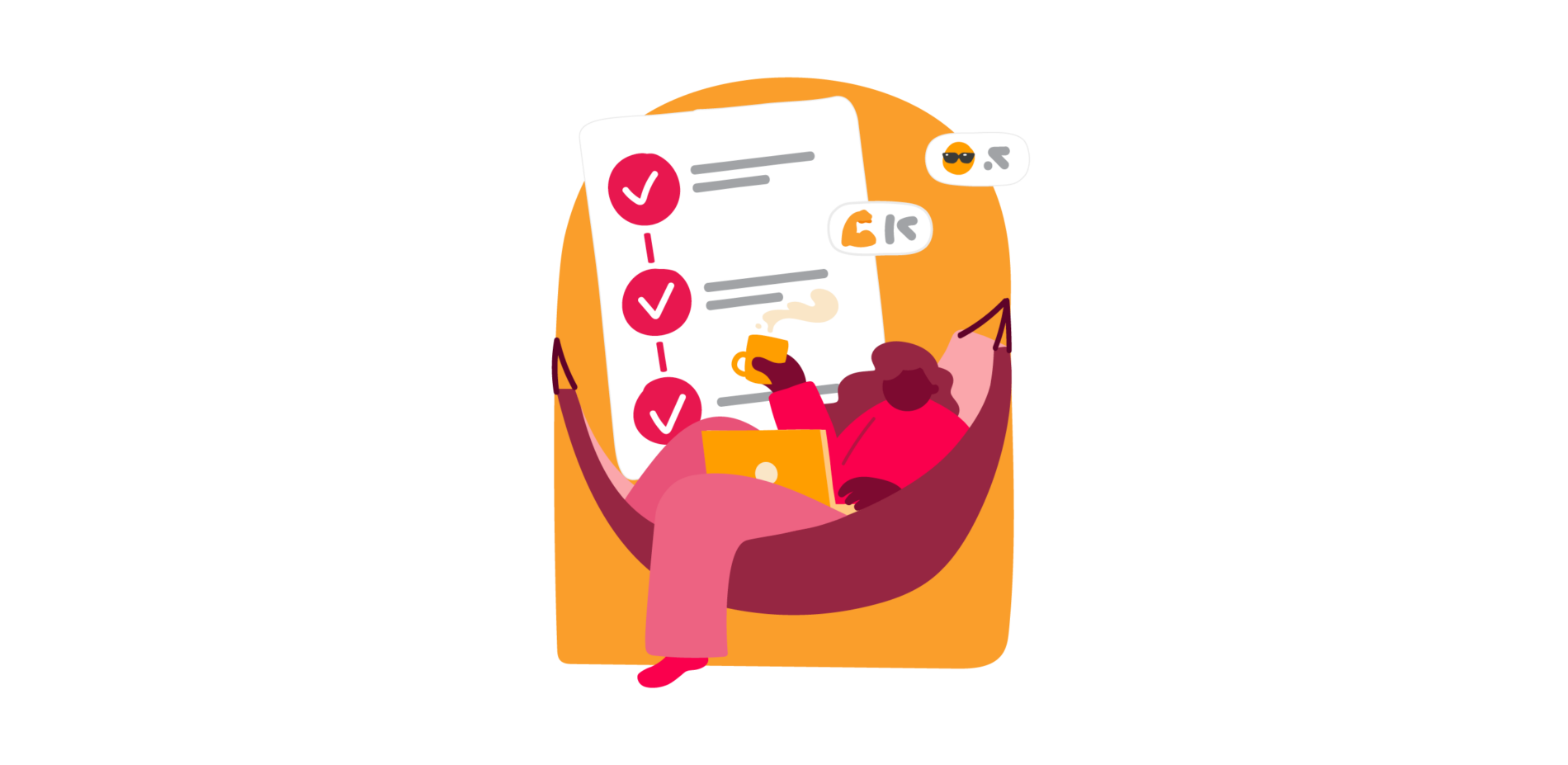Skizzierte Person, die in einer Hängematte mit Checkliste und Laptop arbeitet, Kaffee schlürft und in einer bunten und entspannten Home-Office-Umgebung Produktivität am Arbeitsplatz ausdrückt.