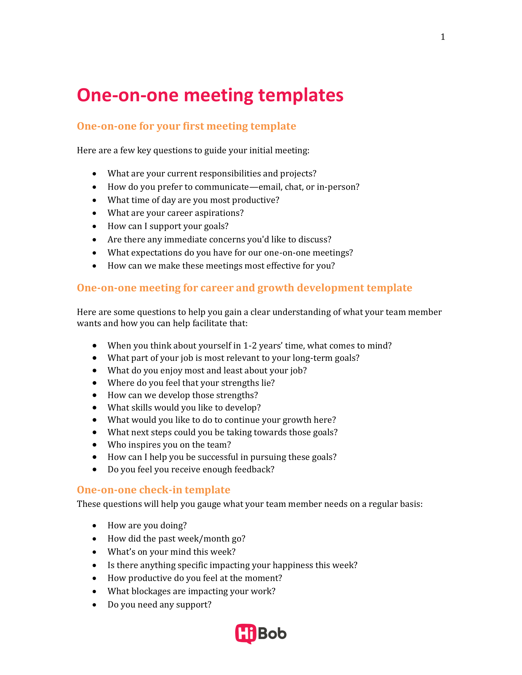 one-on-one meeting templates, career development questions for team members